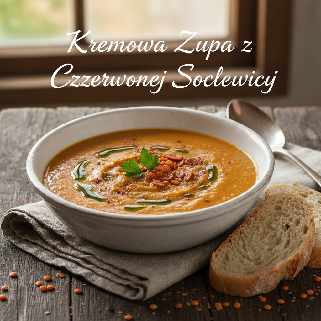 Miska z kremową zupą z czerwonej soczewicy, udekorowana natką pietruszki, oliwą i grzankami, stoi na drewnianym stole obok kromek chleba i łyżki